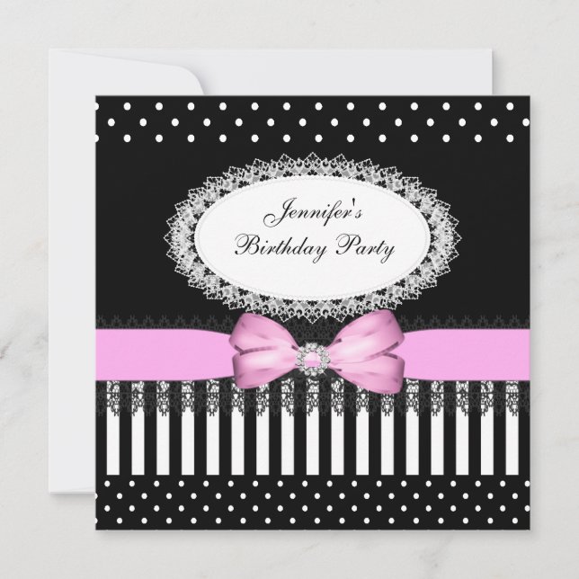 Invitation Fête Rose Ruban Noir Blanc Points noirs (Devant)