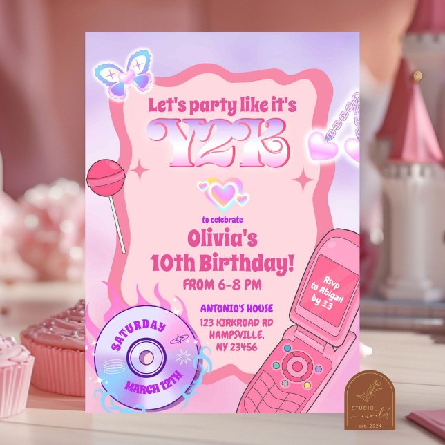 Invitation Fête Rose Y2K Retour aux années 2000 Anniversaire (Créateur téléchargé)