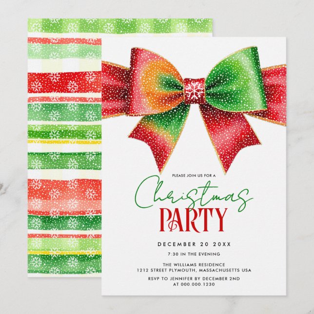 Invitation Fête rouge et vert de Noël avec nœud et rayures (Devant / Derrière)