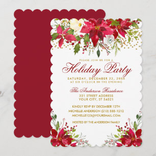 Invitation Fête Rouge Floral Poinsettia Gold Parties scintill