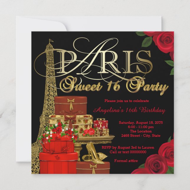 Invitation Fête Rouge Paris Sweet 16 (Devant)