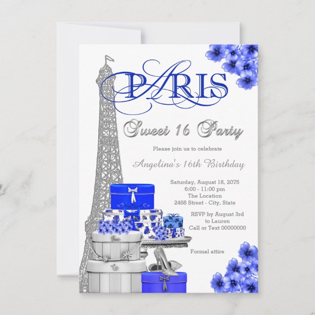 Invitation Fête Royal Blue Paris Sweet 16 (Devant)