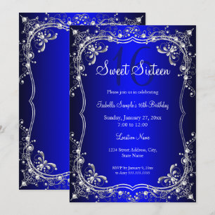 Invitation Fête Royal Blue Sweet 16 en damas perle argentée