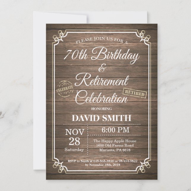 Invitation Fête rustique de 70 ans et de départ à la retraite (Devant)