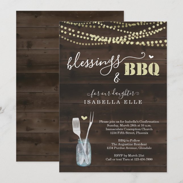Invitation Fête rustique de BBQ pour la Première Communion /  (Devant / Derrière)