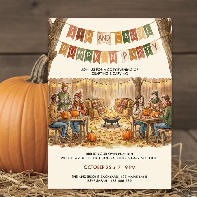 Invitation Fête rustique de découpage de citrouille dans le j (Sip and Carve Pumpkin Party Halloween Invitation by Darling & May)