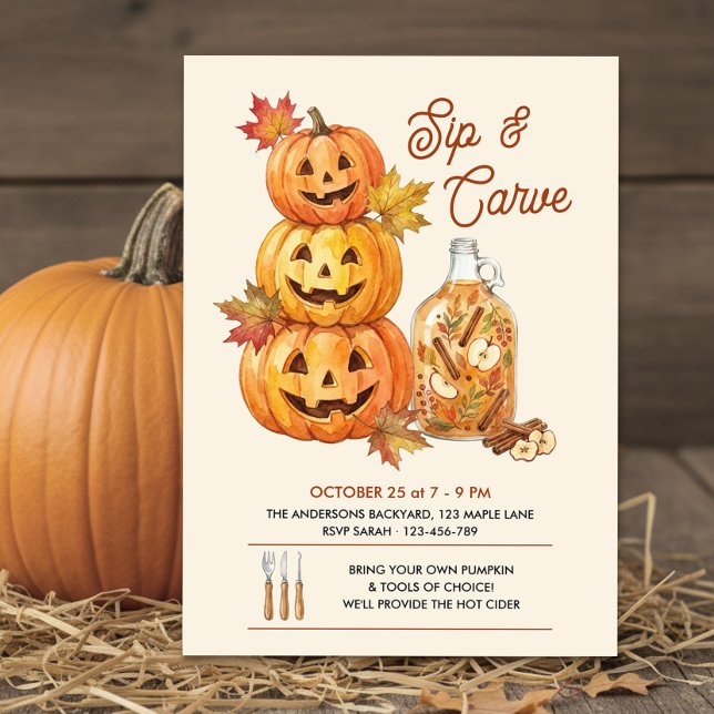 Invitation Fête rustique de gravure de citrouille et de dégus (Sip & Carve Halloween Invitation by Darling & May)