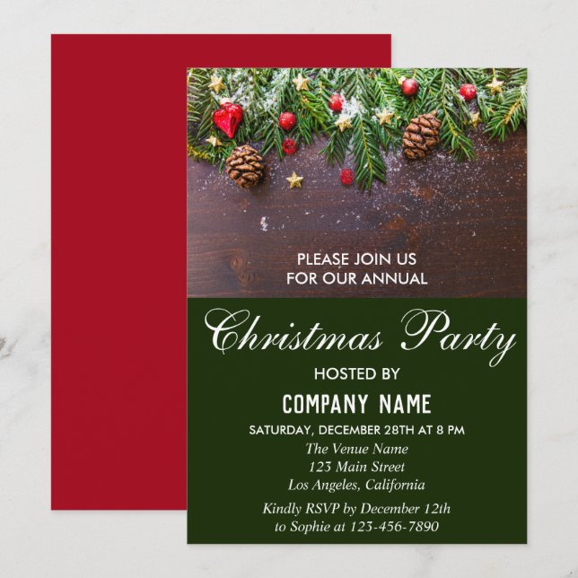 Invitation Fête Rustique de Noël de l'entreprise Rouge & Vert (Devant / Derrière)
