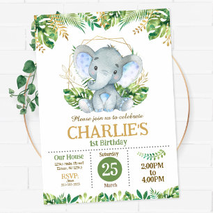 Invitation Fête safari éléphant bébé dans la jungle 1er anniv