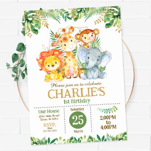 Invitation Fête Safari Jungle Anniversaire Verdure Tropicale