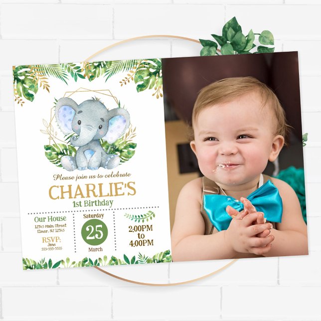 Invitation Fête safari jungle éléphant bébé 1er anniversaire (Créateur téléchargé)