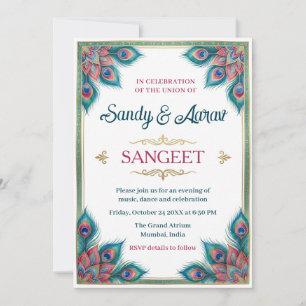 Invitation Fête Sangeet Teal Rose avec Plume de Pa