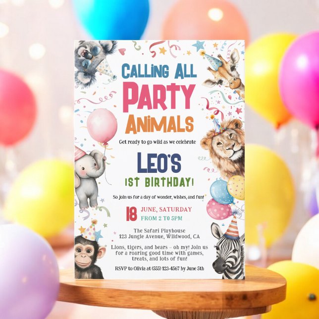 Invitation Fête sauvage appelant tous les animaux 1er anniver (Wild Party Calling All Animals 1st Birthday Safari Invitation)