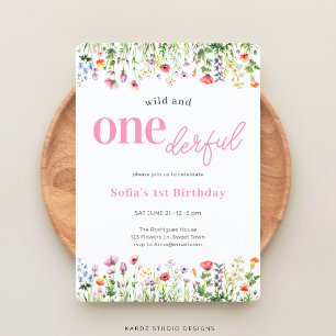 Invitation Fête sauvage rose et Onederful Wildflower 1er anni