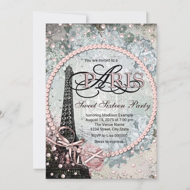 Invitation Fête Shabby Chic Paris Douce 16 Ans (Devant)