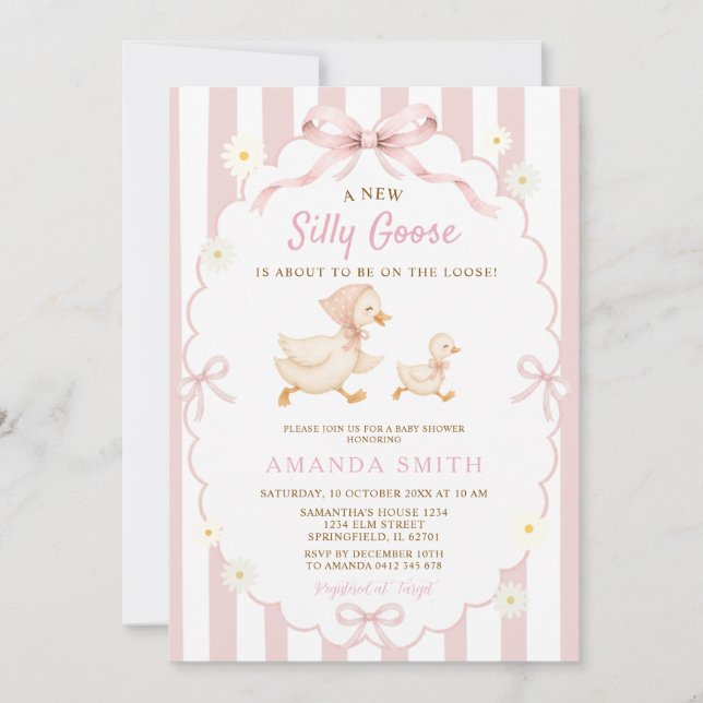 Invitation Fête Silly Goose Daisy Floral Bébé à rayures roses (Devant)