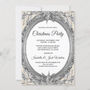 Invitation Fête Silver Grey Feuilles Wreath Christmas Party