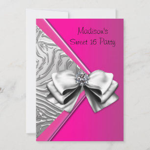 Invitation Fête Silver Hot Pink Zèbre Sweet 16