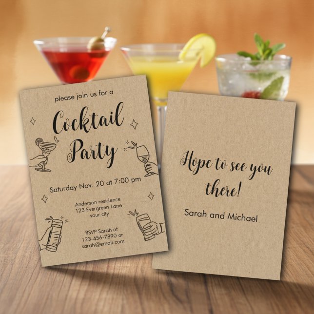 Invitation Fête Simple de Cocktail Papier Kraft Gribouillage  (Créateur téléchargé)