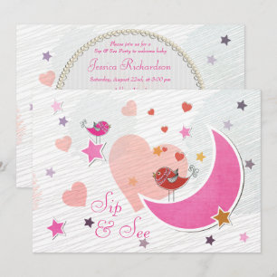 Invitation Fête Sip & See Lune et Étoiles Oiseaux Mignons