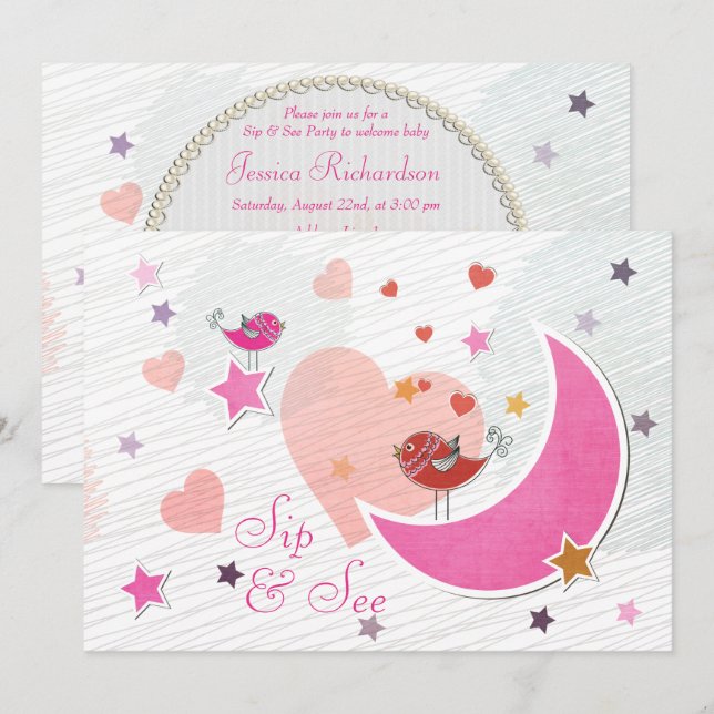 Invitation Fête Sip & See Lune et Étoiles Oiseaux Mignons (Devant / Derrière)