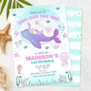 Invitation Fête sous la mer Baleine Fille 1er Anniversaire