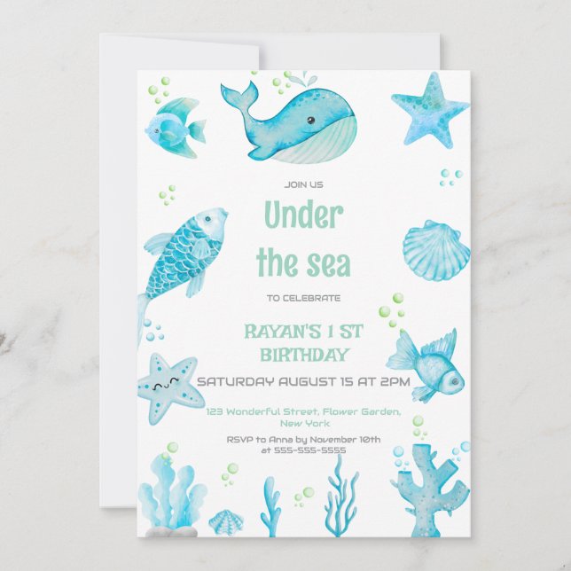 Invitation Fête sous la mer Bleu et Vert Anniversaire  (Devant)