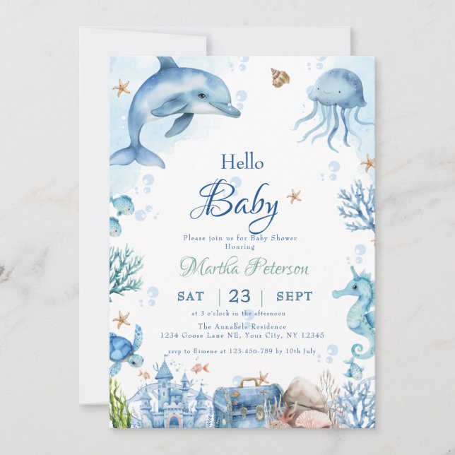 Invitation Fête sous-marine Baby Shower coquillages (Devant)