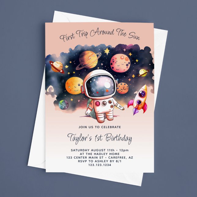 Invitation Fête Spatiale Premier Tour Autour du Soleil Pêche (Créateur téléchargé)