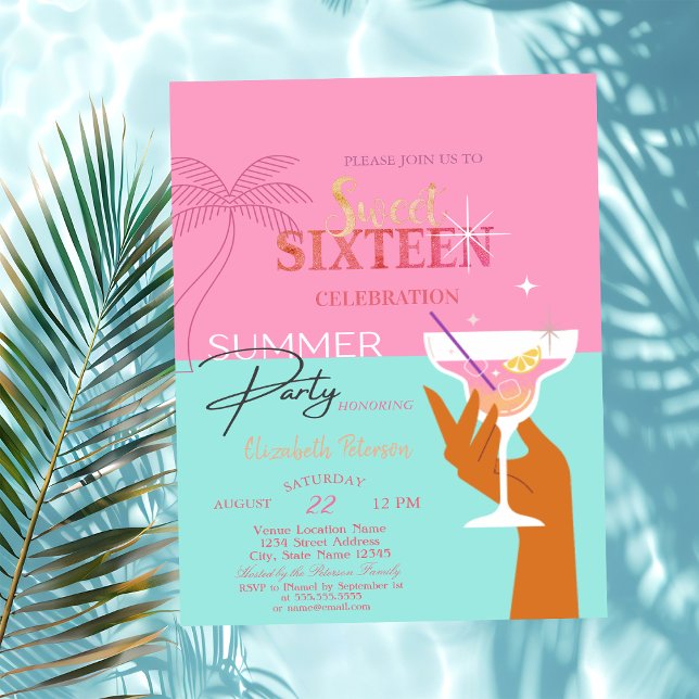 Invitation Fête sucrée d'été 16 ans Cocktail de palme (Créateur téléchargé)