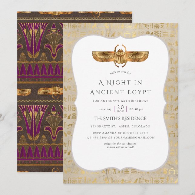 Invitation Fête sur le thème de l'Égypte en feuille d'or (Devant / Derrière)