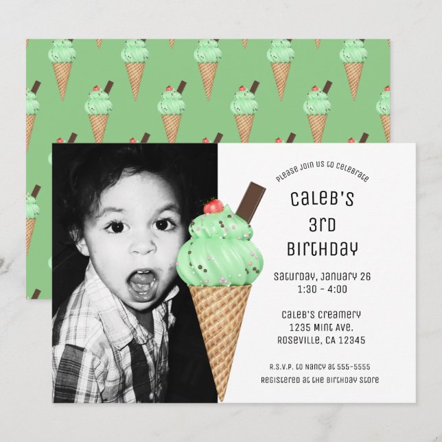 Invitation Fête sur le thème des cônes de glace à la menthe P (Devant / Derrière)