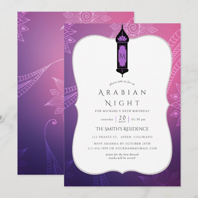 Invitation Fête sur le thème des Nuits Arabes Violet et Rose (Devant / Derrière)