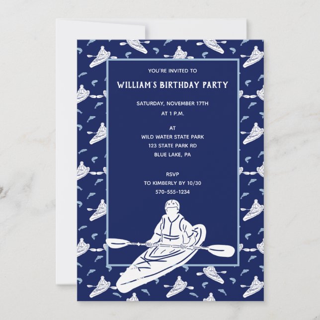 Invitation Fête sur le thème du kayak bleu marine (Devant)