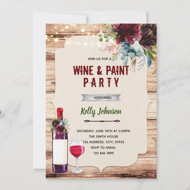 Invitation Fête sur le thème du vin bordeaux aux fleurs (Devant)