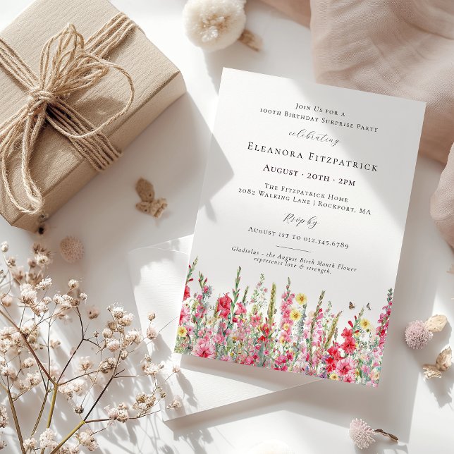 Invitation FÊTE SURPRISE 100e anniversaire Août Fleur de nais (Créateur téléchargé)