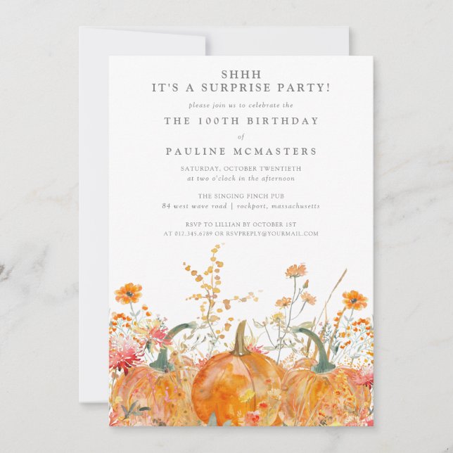 Invitation FÊTE SURPRISE 100e Anniversaire Citrouille Fleur S (Devant)
