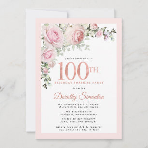 Invitation FÊTE SURPRISE 100e Anniversaire Fleurs Rose Pâle