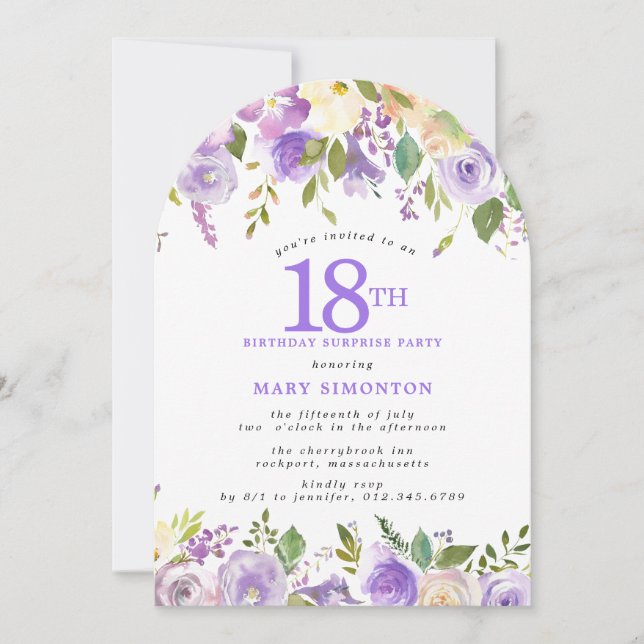 Invitation FÊTE SURPRISE 18e Anniversaire Arche Florale Viole (Devant)
