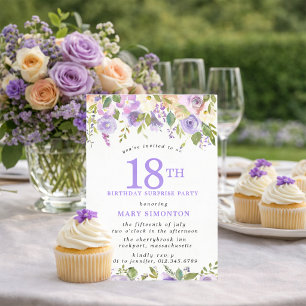 Invitation FÊTE SURPRISE 18e Anniversaire Fleurs Violettes Jo