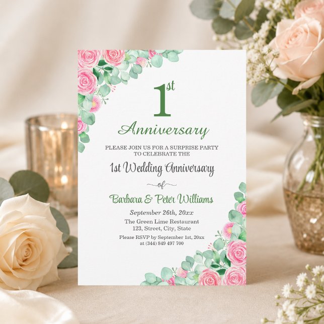 Invitation Fête surprise 1er anniversaire de mariage Roses (Créateur téléchargé)