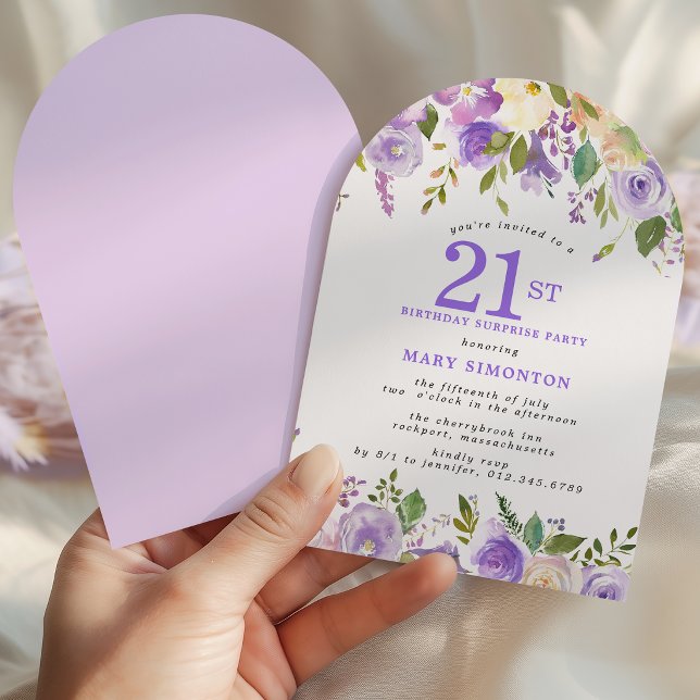 Invitation FÊTE SURPRISE 21e Anniversaire Arche Florale Viole (Créateur téléchargé)