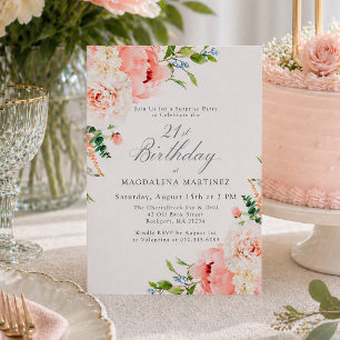 Invitation FÊTE SURPRISE 21e Anniversaire Féminin Floral Rose