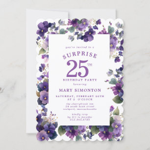 Invitation FÊTE SURPRISE 25e Anniversaire Fleur Violet Pourpr