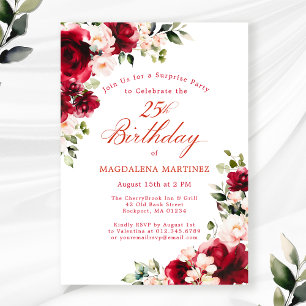 Invitation FÊTE SURPRISE 25e anniversaire Floral rose rouge