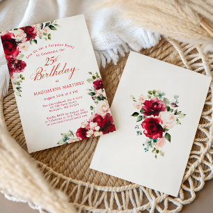 Invitation FÊTE SURPRISE 25e Anniversaire Rouge Rose Floral