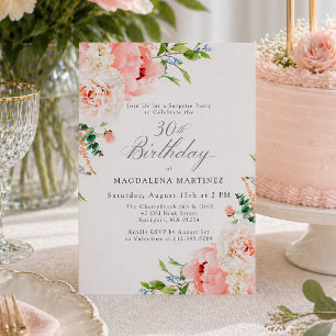 Invitation FÊTE SURPRISE 30e Anniversaire Féminin Floral Rose