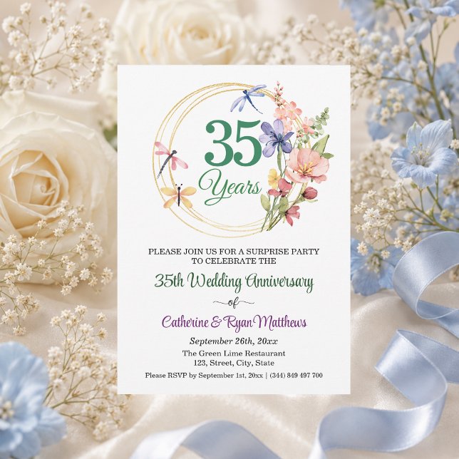 Invitation Fête surprise 35e anniversaire de mariage floral (Créateur téléchargé)