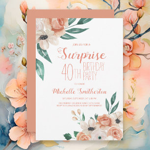 Invitation Fête surprise 40 ans Peach Watercolor Floral