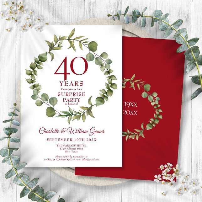 Invitation Fête surprise 40e anniversaire de rubis Verdure  (Surprise Party 40th Ruby Anniversary Greenery Invitation)